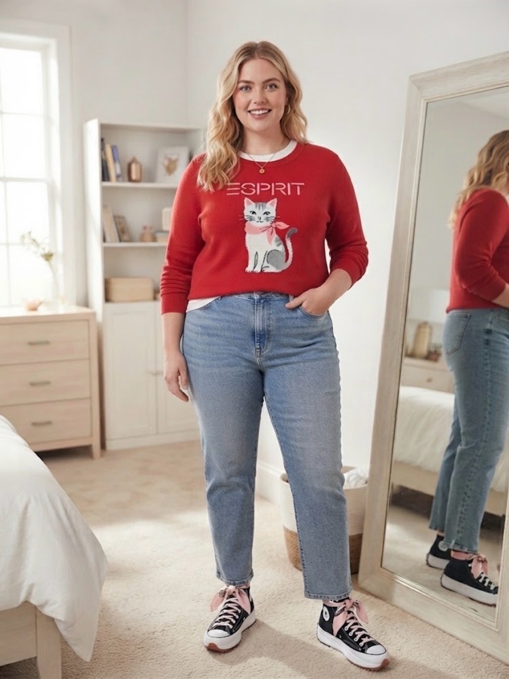 Esprit Red Cat Sweater with Playful Cat Graphic